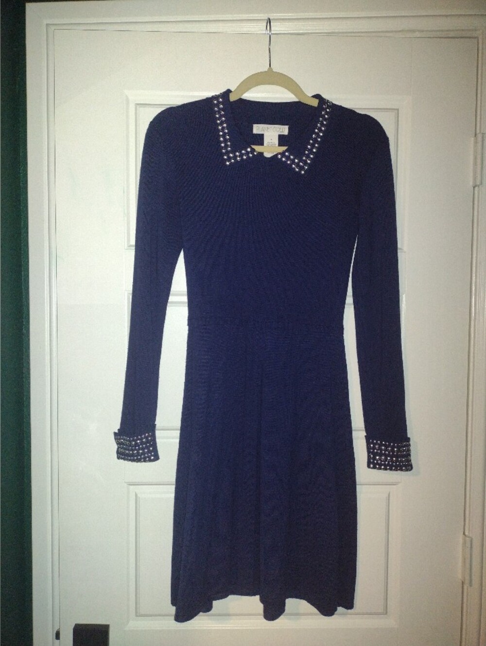 Planet Gold Navy Long-Sleeve Knit Dress with Embellished Collar & Cuffs